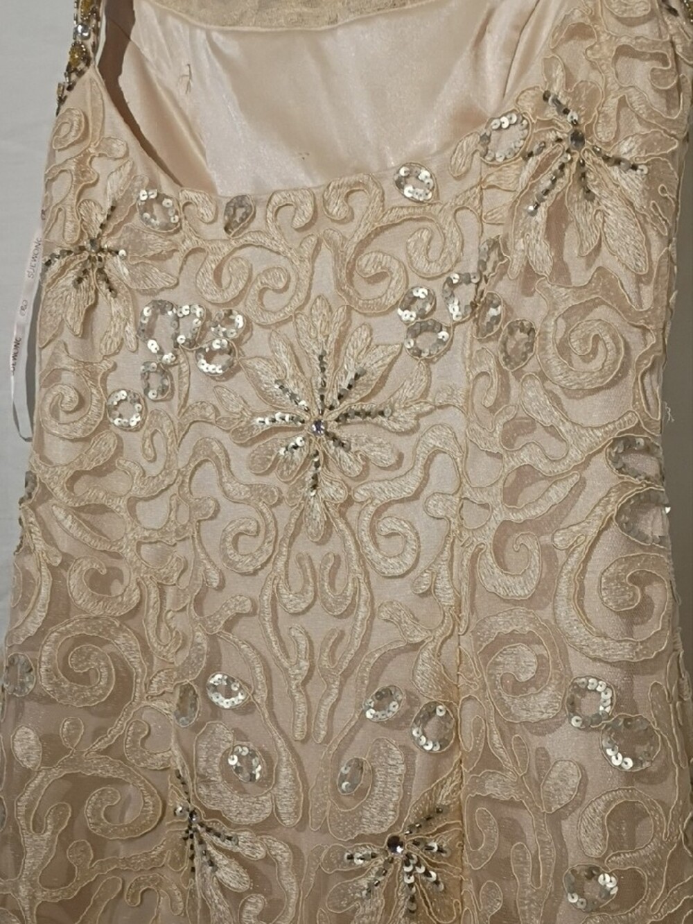 Sue Wong Ivory Lace Beaded Illusion Neck Midi Dress, Silver Sequins, Open Back - Picture 12 of 16